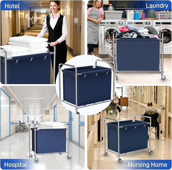Commercial Laundry Cart with Wheels, 440 lbs Heavy Duty Industrial Laundry Cart with Sturdy Frame and Oxford Bag for Home Hotel Hospital, Rolling Laundry Cart for Home & Hotel, 400L(Blue)