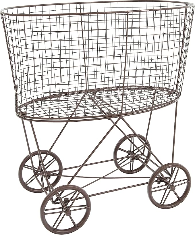 Creative Co-Op Vintage Reproduction Metal Laundry Basket on Wheels, Rust