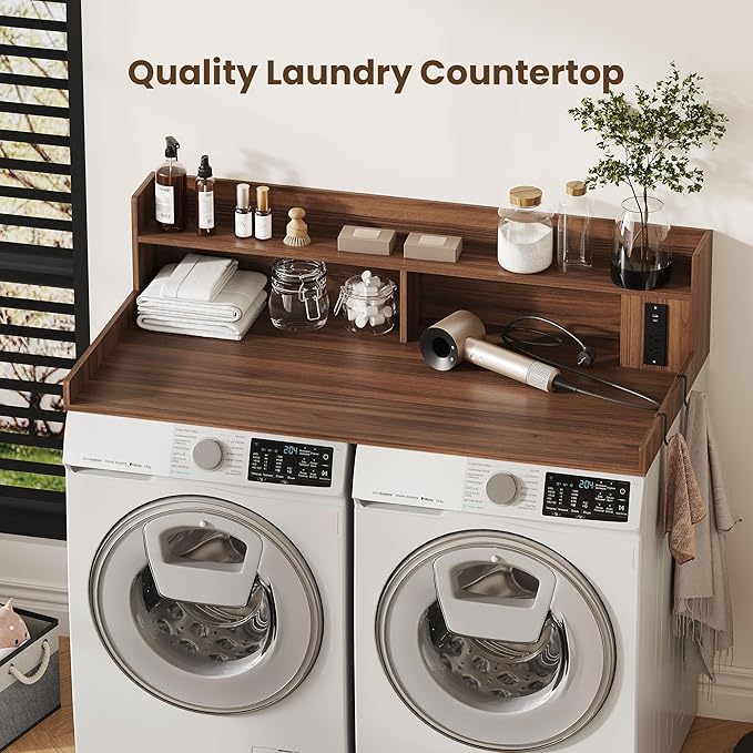 Upgraded 2-Tier Washer and Dryer Countertop with Power Outlet,54" W x 27.6" D Large Laundry Countertop for Fold Clothes, Laundry Topper with Non-Slip Pads & Metal Hooks and Storage Basket