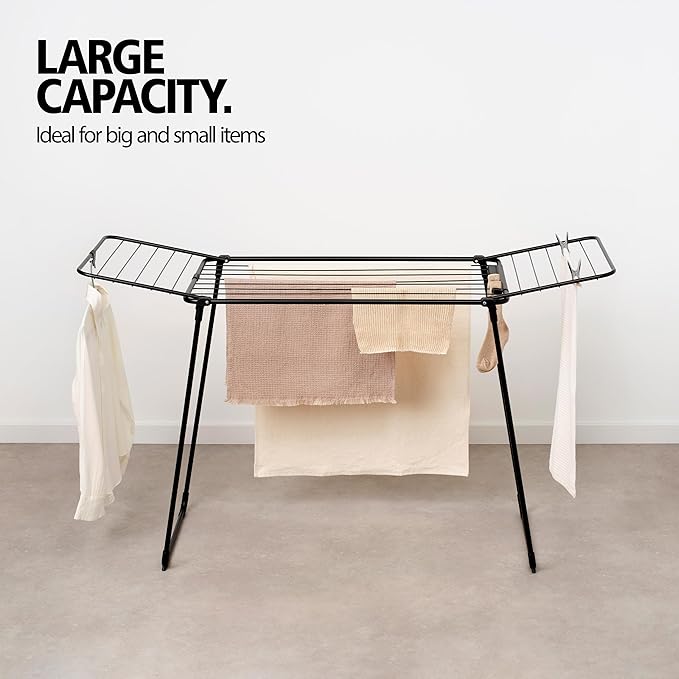 Brabantia HangOn Clothes Drying Rack | 59ft (18m) | Matt Black | Medium Indoor Clothes Airer, Foldable Laundry Stand for Large & Small Items, Wide Lines for Towels & Bedding | Fits 1 Full Load