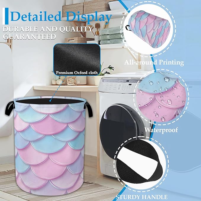 Mermaid Scale Laundry Basket Collapsible Laundry Hamper Oxford Storage Bin for Clothes Storage, Toy Organizer, Books and Sundries 16" X 20.8"