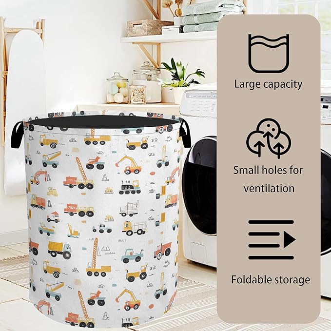 Cartoon Construction Vehicle Foldable Canvas Laundry Basket with Handles - Toy Organizer, Heavy Duty for Home，Bedroom, Dorm, Bathroom