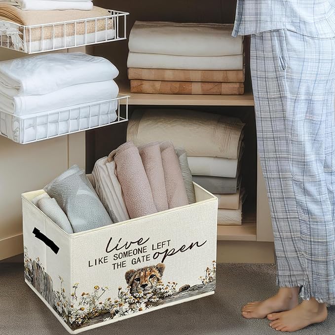 Rustic Cheetah Storage Bins & Boxes with Handles, Farmhouse Leopard Foldable Basket for Organizing, Live Like Someone Left the Gate Open Collapsible Storage Basket for Bedroom Bathroom Clothes