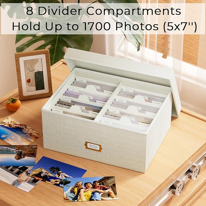 Decorative Photo Storage Box - Linen Photo Box Organizer with Dividers, Fits Holds Up to 1700 Pictures and 5x7 Photos, Memory Keepsake Organizer for Photos, Scrapbook Supplies, Cards, Stamps (Beige)