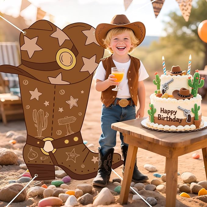 Western Cowboy Boot Shape Banner Decorations Boots on The Ground Backdrop Photo Booth Props for Wild West Party Cowboy Rodeo Birthday Baby Shower Supplies Decor