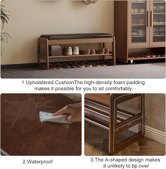 AQIMUELE Shoe Rack Bench,2 Tiers Shoe Bench with Storage with Flip-Top,Wood Shoe Rack for Entryway,Hallway（Dark Walnut Upholstered Seat）