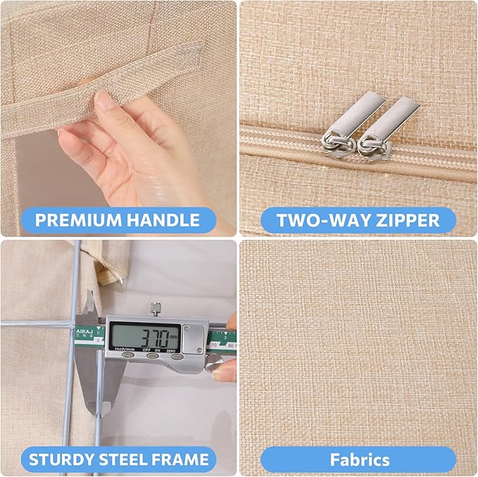 CYhom 3Pack Foldable Storage Bins - Frame Storage Box Linen Fabric Stackable Clothes Container Organizer with Clear Window & Carry Handles Large Capacity (Medium-36L, Beige)