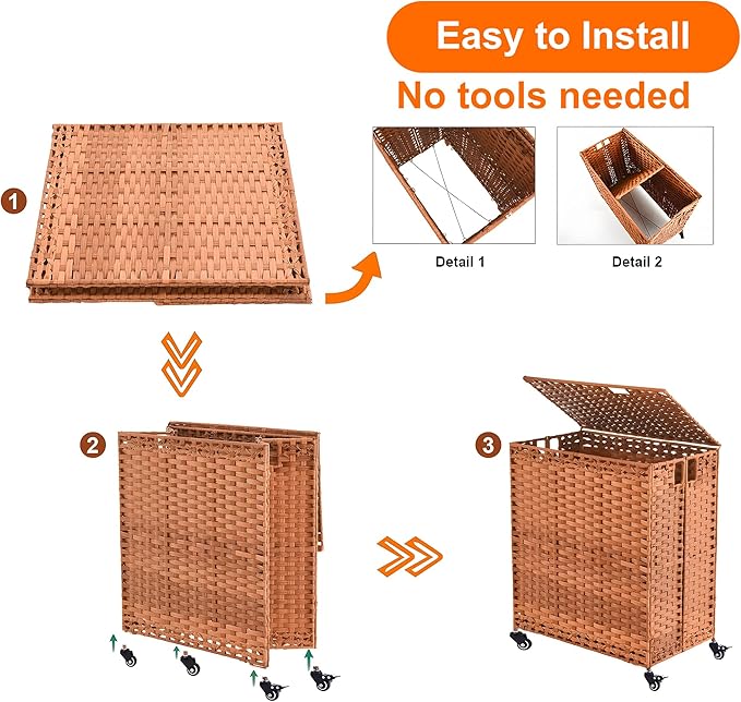 HYCHIKA Laundry Hamper with Lid and Wheels, 42.26 Gallon (160 L) Wicker Laundry Basket with Removable Bags and Handles, 2 Sections Woven Clothes Basket for Bedroom, Bathroom (27.6" * 13.4" * 26.4")