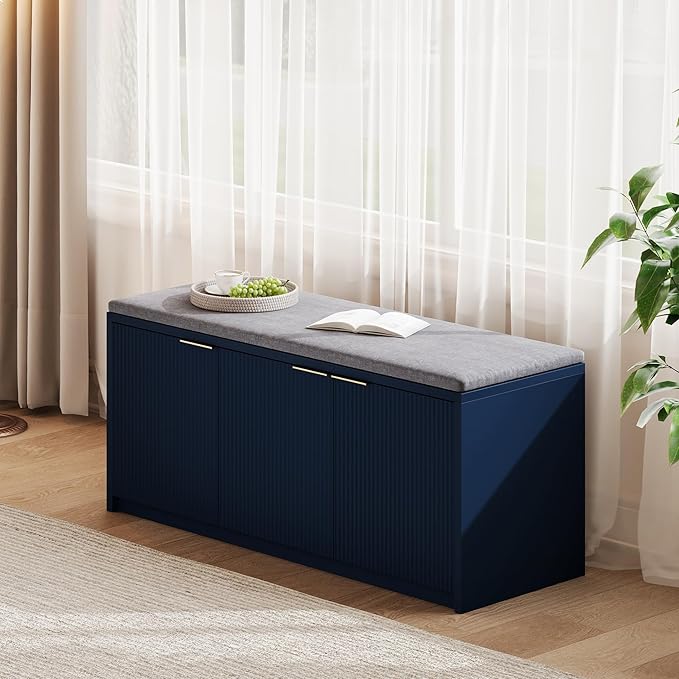 2-Tier Shoe Storage Bench with 3 Doors & Adjustable Shelf, Removable Washable Padded Seat Cushion, 41.3" Entryway Storage Cabinet for Living Room, Bedroom – Navy Blue Modern Design