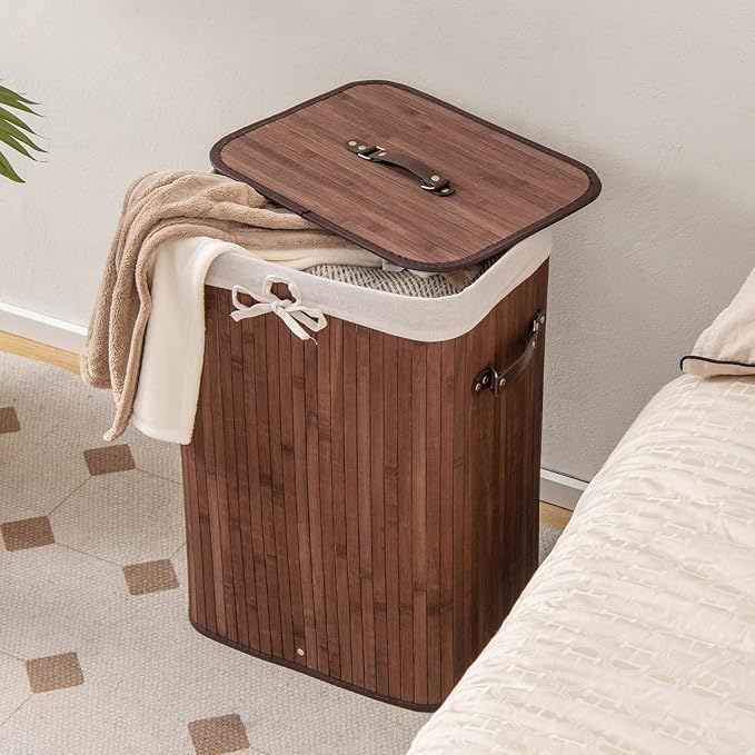 Giantex Bamboo Laundry Hamper with Lid, 72L Large & Tall Clothes Hamper with Removable Liner & Handles, Rectangular Laundry Basket for Small Spaces, Laundry Room, Bedroom (Brown)