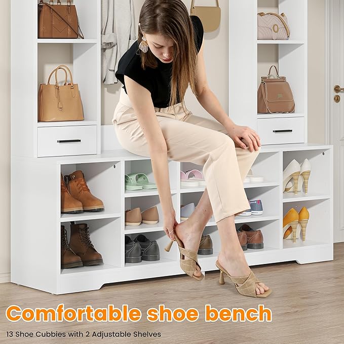 Semoic Farmhouse Hall Tree with 2 Independent Drawers,6-in-1 Entryway Bench with Coat Rack Adjustable Shoe Storage for Foyer/Hallway,White