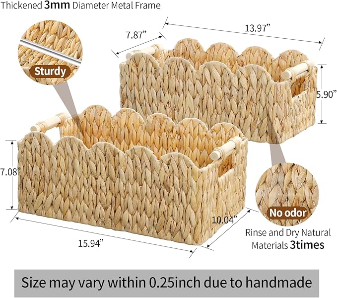 Scalloped Edge Wicker Basket,Hand-Woven Rattan Baskets with Wooden Handles,Natural Water Hyacinth Basket for Laundry,Shelves,Rectangular Set of 2