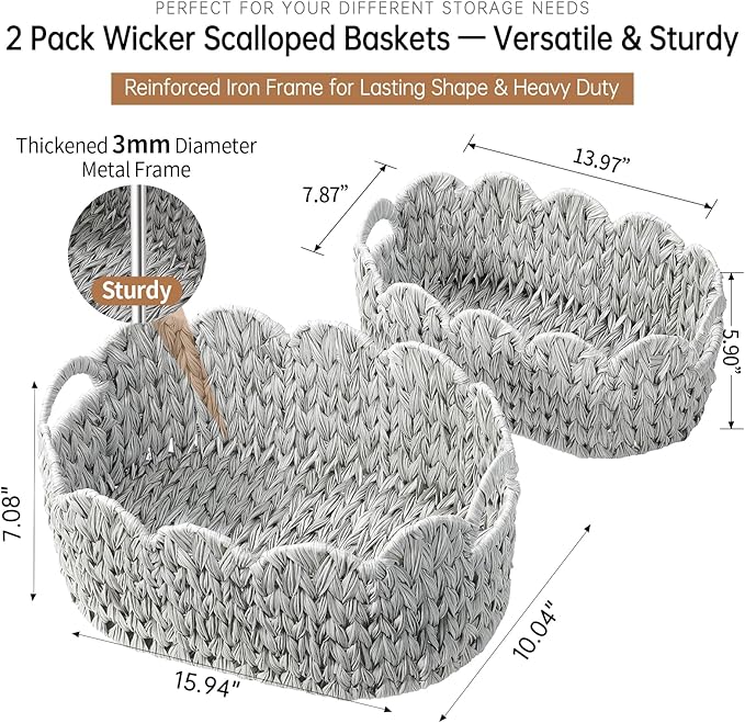 Wicker Scalloped Basket Set of 2,Woven Storage Baskets for Shelves,Closet,Laundry,Gift,Towels,Books,Toys,Waterproof Cute Decor Basket for Organizing,Grey