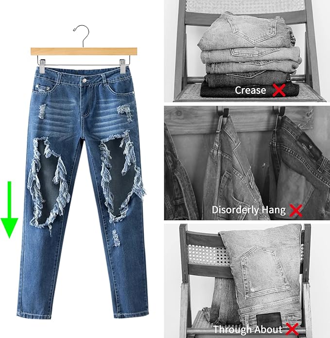 Nature Smile Wooden Pants Hangers Skirt Hanger Solid Lotus Wood Jeans Bottom Hanger with Clips Natural Color(20 Pack)