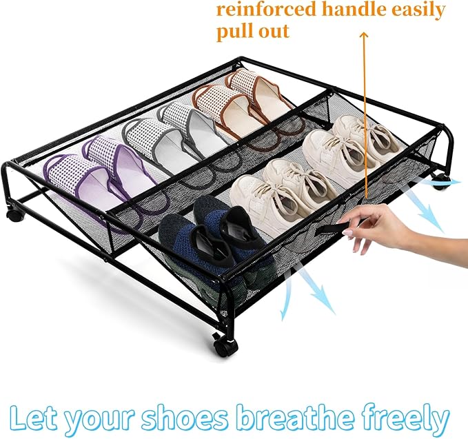 Goaste Under Bed Shoe Storage Organizer with Wheels, Rolling Underbed Storage Containers, Metal Shoe Rack Drawer Space Saving for Bedroom Organization, Shoes, Toys (Black)