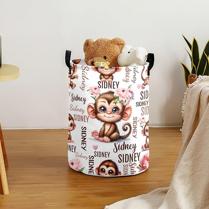Large Custom Name Laundry Hamper, Monkey Personalized Dirty Clothes Hamper Storage Basket with Name for Bathroom Bedrooms, Customized Name Circular Hamper with Handles for Baby Boys Girls Men Women