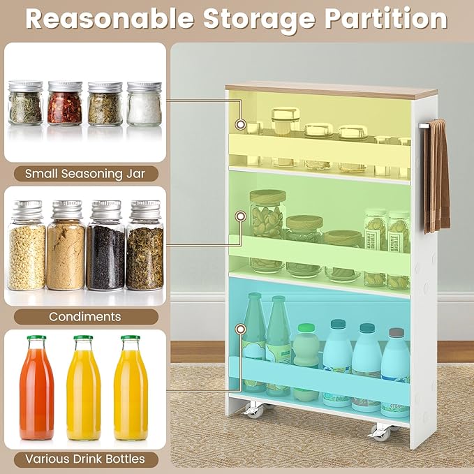 4-Tier Slim Rolling Storage Cart, Wooden Kitchen Utility Cart with Wheels & Handle, Space Saving Trolley, Slide Out Shelving Unit for Narrow Spaces, Laundry, Bathroom (White + Natural)