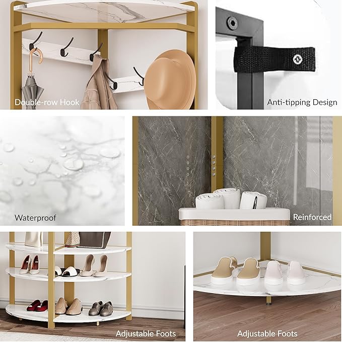 Hallway Coat Rack with 6 Double-Row Hooks and 4 Storage Shelves – Multifunctional Clothes Rack and Shoe Organizer Perfect for Entryway, Hallway and Closet, White & Gold