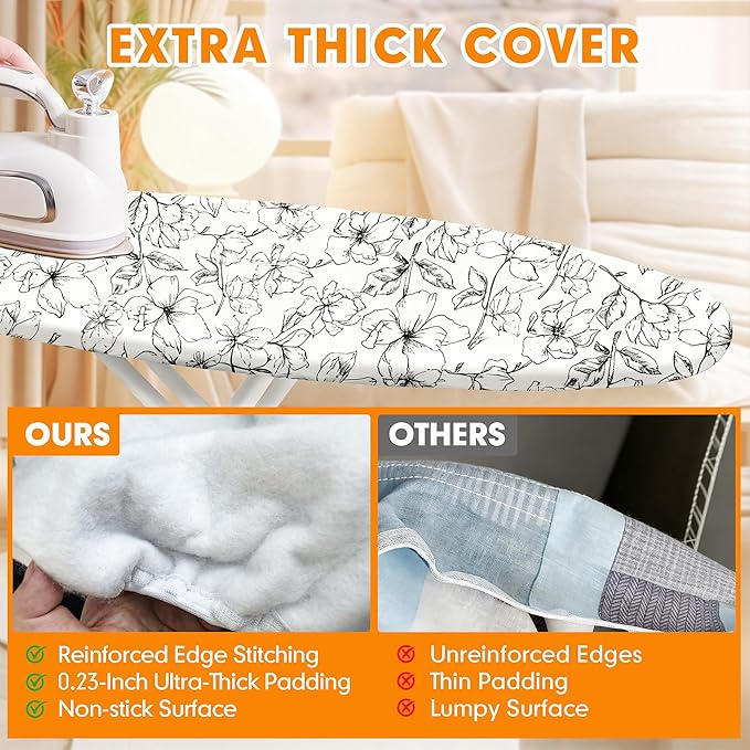 Ironing Board Cover and Pad, 18x49 Extra Wide Thick Iron Padding, Scorch & Stain Resistant Ironing board cover, Heavy Duty Iron Board Padded with Adjustable Fasteners Elastic Edge, Floral White
