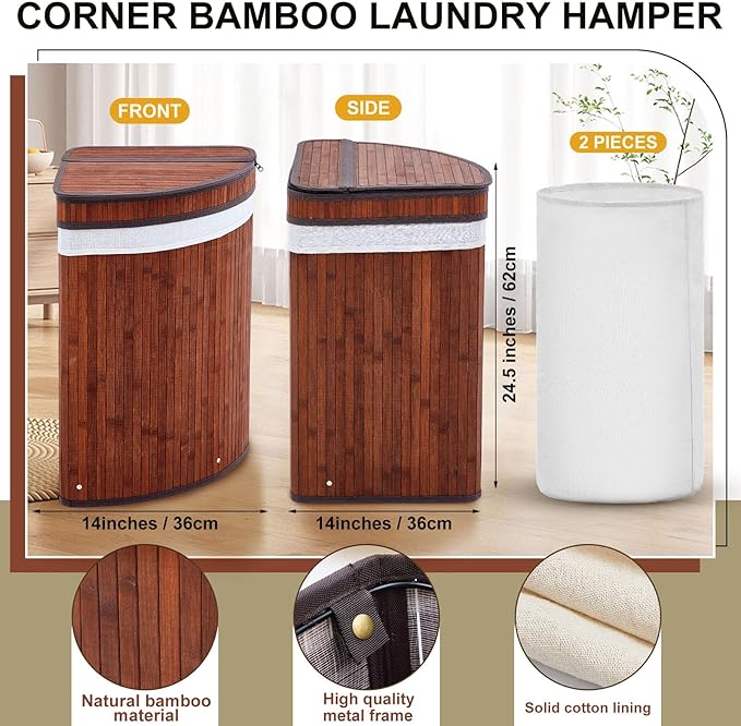 Gueevin Corner Laundry Hamper with Lid and 2 Removable Cloth Liners Bamboo Corner Laundry Basket Collapsible Clothes Basket Storage Bin for Bedroom Bathroom Laundry Living Room (Espresso Color)