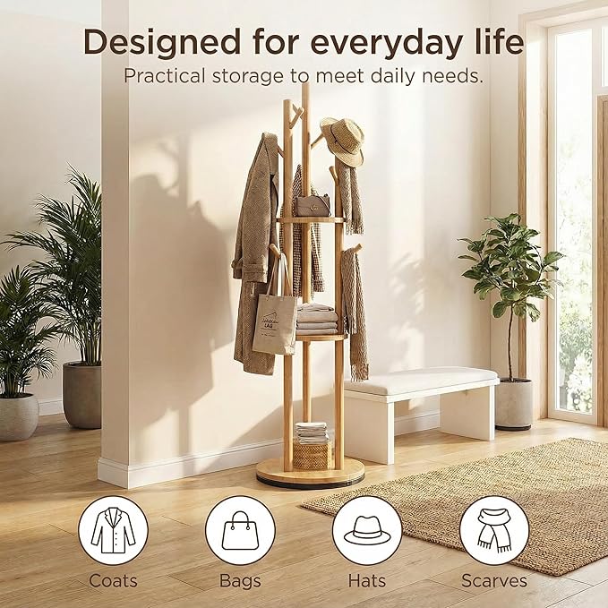 Rotating Solid Wood Coat Rack with 3 Storage Shelves, 360° Swivel Freestanding Entryway Coat Stand,Modern Space-Saving Organizer,Natural Wood