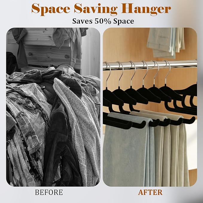 Velvet Pants Hangers,10 Pack Non Slip Space Saving Clothes Hanger, Heavy Duty Pants Hangers for Closet for Pants Jeans Skirts Tank Top Towel(Black)
