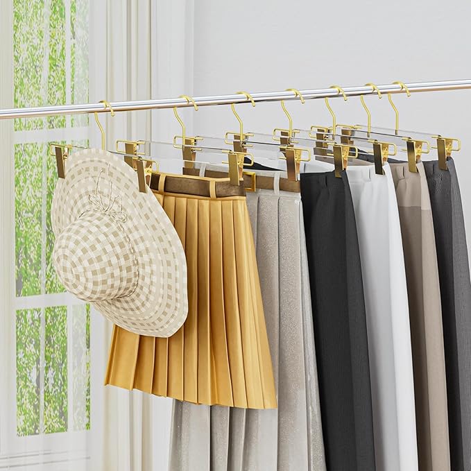 10 Pack Clear Acrylic Hangers with Adjustable Non-Slip Metal Clips, Gold Pants Hangers for Jeans, Trousers, Skirts, Coats, Heavy Duty, Space-Saving Closet Organizer, Adults & Kids