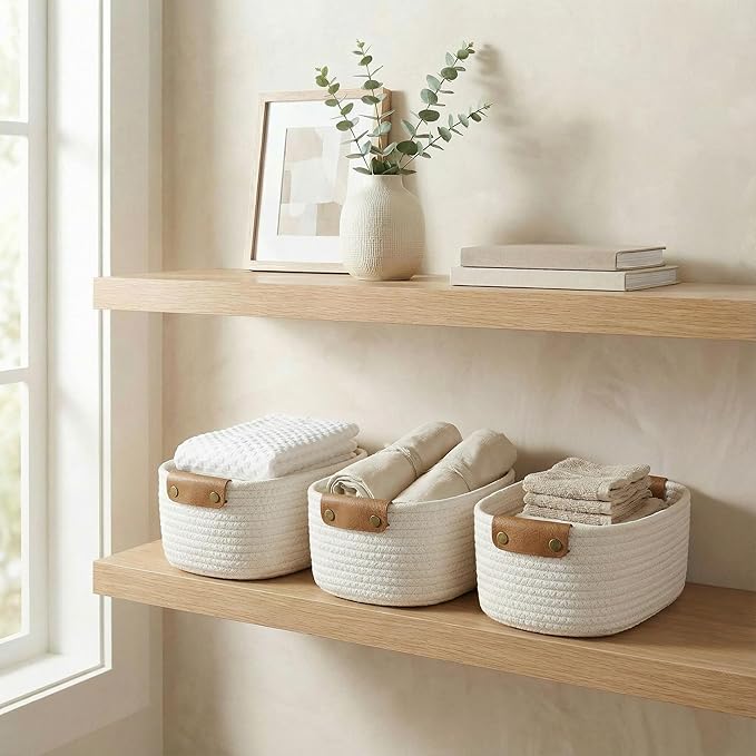 Beautiful Storage Basket Set of 3 - Sturdy Cotton Rope Baskets for Shelves Are Perfect for Organizing Your Home - Quality Storage Bins Easily Fit With Any Nursery or Bedroom Decor