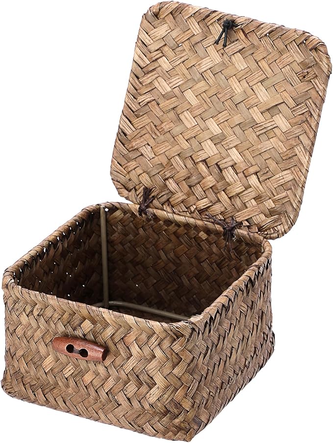 Seagrass Basket with Lid Natural Seagrass Storage Box Square Handwoven Basket Box for Shelf Multipurpose Desktop Organizer Bin for Key Candy, 4.7" x 2.7"
