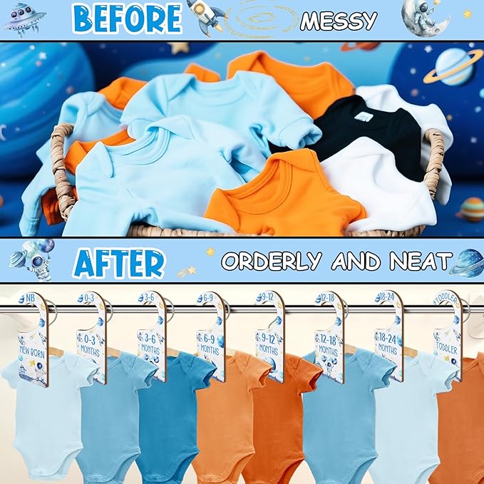 Baby Closet Dividers 8PCS, Outer Space Themed Wooden Double-Sided Clothes Size Hanger Organizer from Newborn to Toddler for Nursery Decor Baby Shower Birthday Gift Blue