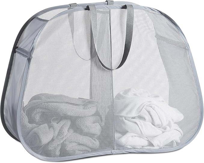 Seiritex Mesh Popup Laundry Hamper 2 Compartment, Collapsible Laundry Sorter Basket Foldable Hamper for Clothes, College Dorm, Travel (Gray)