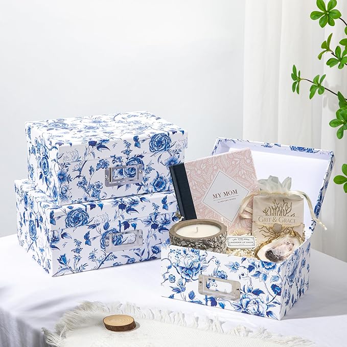 Briful Blue and White Porcelain Storage Boxes with Lids, Set of 4 – Chinoiserie Decorative Nested Card Photo Storage Box Organizer, Paperboard Box for Closet, Office, Gifts