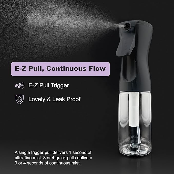 2 Pack Spray Bottles for Hair - Continuous Water Mister Spray Bottles with Ultra Fine Mist Spray for Hairstyling, Barbers, Salons, Skin Care, Cleaning, Plants, Pets (Ebony, 6.8 oz)