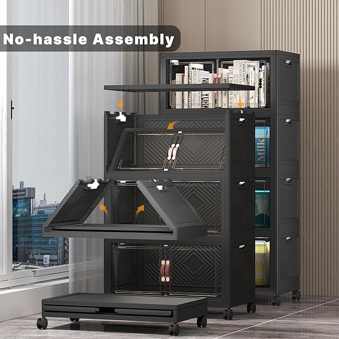 Extra Large Stackable Storage Bins with Lids & Wheels & Door,Foldable Collapsible Closet Organizers, Plastic containers drawers for bedroom Dorm (Dark-55qt, 8Pack with 2 top lids)