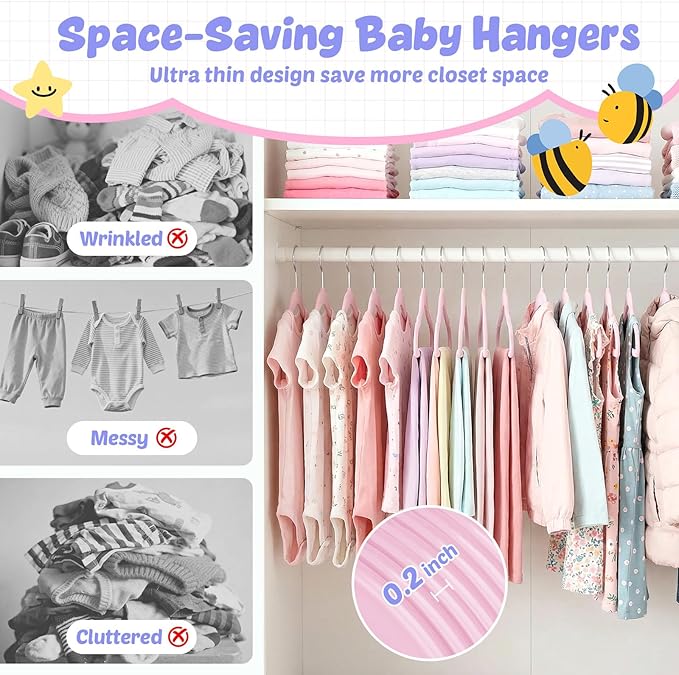 HOUSE DAY 11.4 Inch Baby Hangers 50 Pack - Plastic Kids Hangers Space Saving Thin Profile, Children Closet Organizers with Rotatable Hook of 360°, Heavy Duty for Toddler Clothes Nursery - Pink