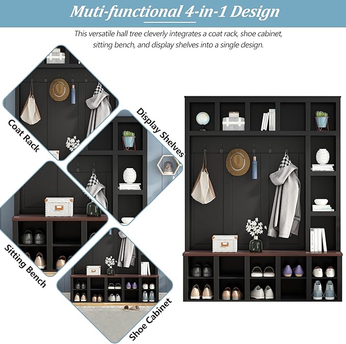 Farmhouse Style Hall Tree with 6 Hooks, Practical Walnut Storage Bench with Adjustable Shelves, Wooden 4-in-1 Entryway Shoe Cabinet with 13 Cubbies for Mudroom, Living Room (Black + Dark Walnut-8)