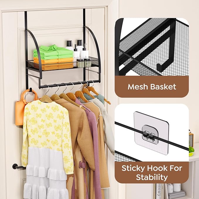 Over The Door Clothes Hanger Drying Rack, Over Door Drying Rack with Storage Basket and Hooks for Hanging Towels, Coats & Clothes, Door Hanger Organizer for Bathroom Laundry Dorms Washroom (Black)