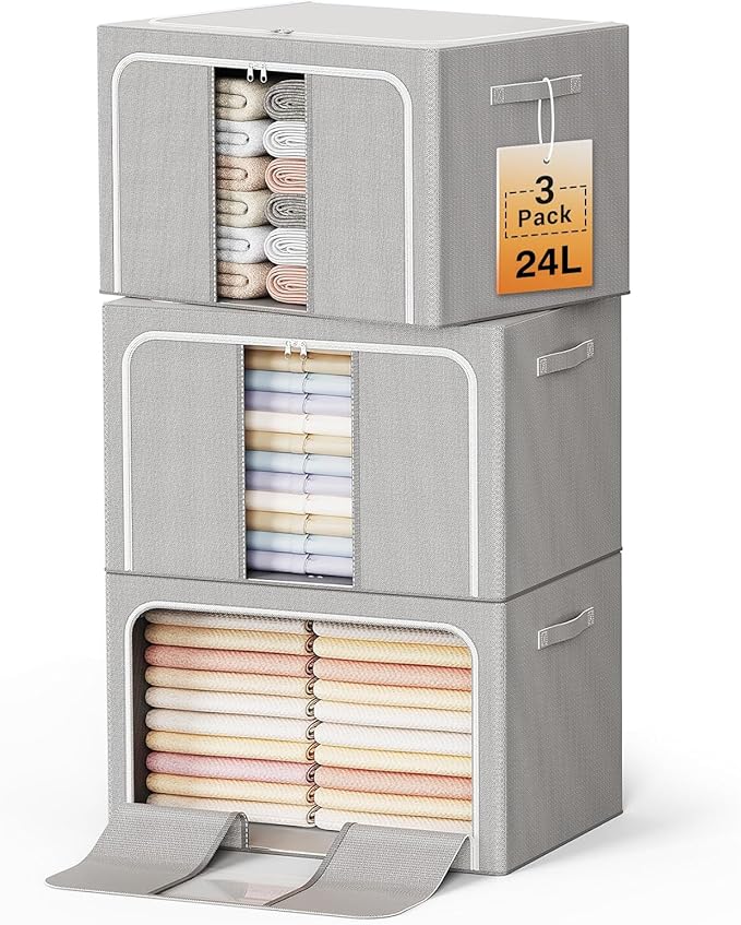 Clothes Storage Bins with Metal Frame Foldable Storage Box Clothes Organizers Storage Containers for Clothes Sheets Blankets Books Toys Gifts and Holiday Decorations (24Lx3 Pack)