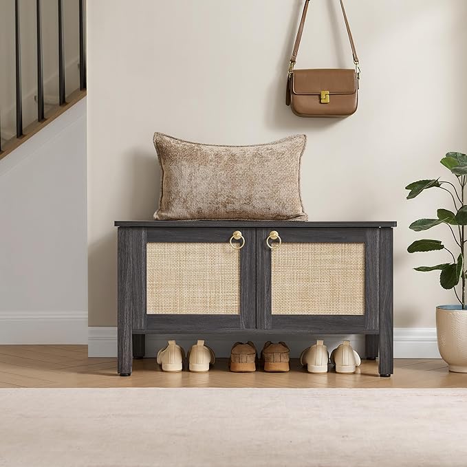 SICOTAS Rattan Shoe Bench - 2 Pieces Farmhouse Shoe Organizer Bench with Lift Top Storage and Hidden Cabinet, Boho Shoe Rack Cabinet for Entryway, Hallway, Bedroom (Obsidian)