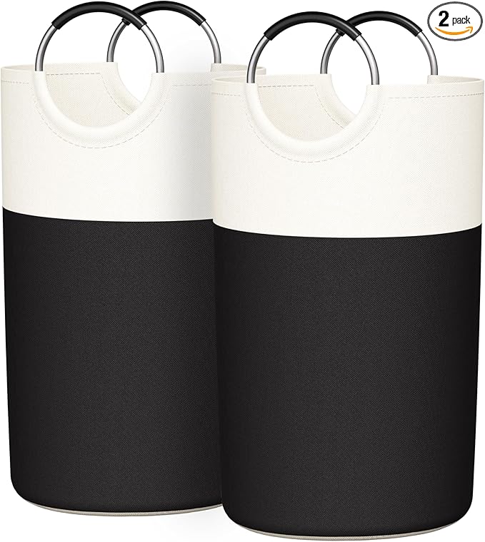 2 Pack 90L Laundry Hamper Large Collapsible Laundry Baskets Bin with Soft Aluminum Handle，Tall Freestanding Foldable Dirty Clothes Hamper Black for Laundry Room Bedroom College Dorm Bathroom（Black）