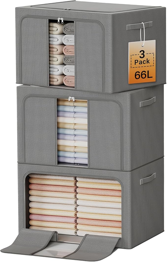 Clothes Storage Bins with Metal Frame Foldable Storage Box Clothes Organizers Storage Containers for Clothes Sheets Blankets Books Toys Gifts and Holiday Decorations (66Lx3 Pack) Deep grey