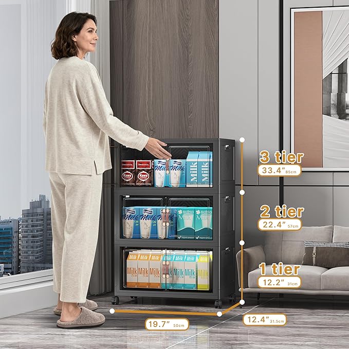 Extra Large Stackable Storage Bins with Lids & Wheels & Door,Foldable Collapsible Closet Organizers, Plastic containers drawers for bedroom Dorm (Dark-55qt, 3Pack with 1 top lid)