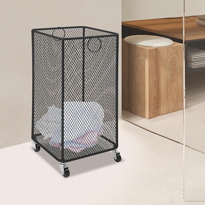 Rolling Laundry Basket Cart, Metal Laundry Hamper with Wheels, Laundry Organizer Basket Cart, Clothes Storage Organizer Hamper for Living Room,Bathroom,Closet (Black, Square)
