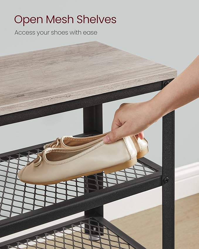 VASAGLE 3-Tier Shoe Rack, Shelf Storage Bench with Metal Mesh Shelves and Seat, Free Standing Shoe Organizer for Entryway, 11.8 x 39.4 x 17.7 Inches, Greige and Black ULBS078K01