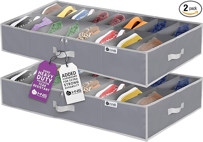 HOLDN' STORAGE Under Bed Shoe Organizer - Set of 2, Tear-Resistant 600D Material, Grey, Transparent Cover, Holds Up to 32 Pairs of Shoes