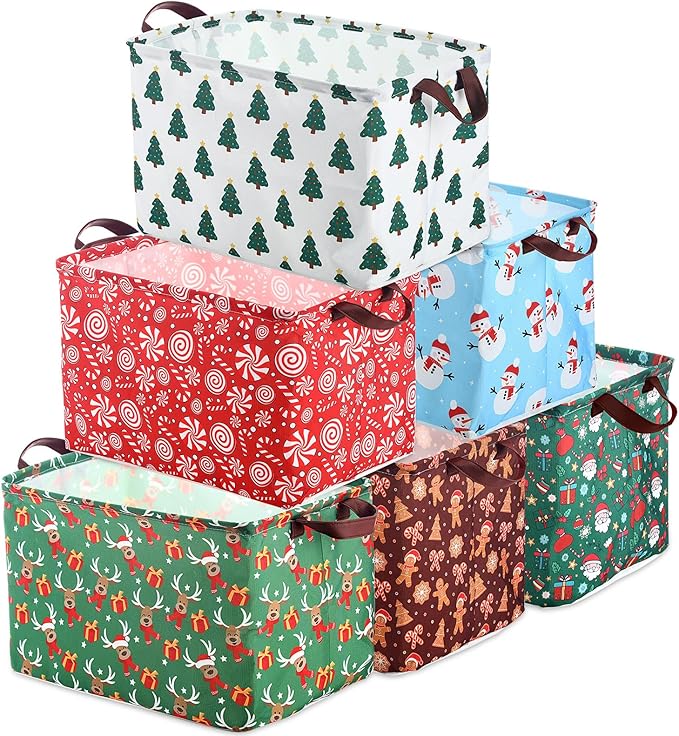 Vesici 6 Pack Christmas Basket for Gifts Empty Christmas Storage Bins with Handle Santa Snowman Foldable Storage Box Canvas Laundry Basket for Xmas Office Home Bedroom Clothes