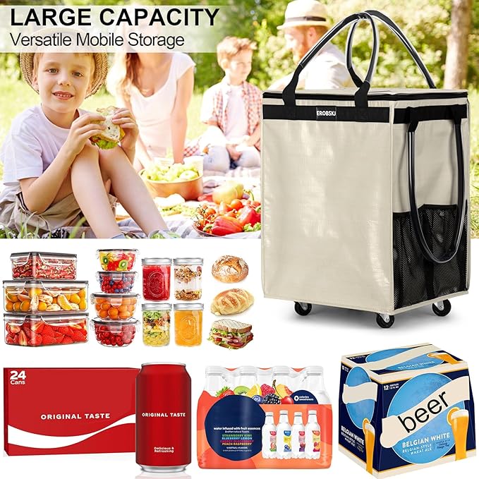 (Medium,Beige) Reusable Grocery Bag on Wheels, Foldable Rolling Tote, Carries Up to 66 lbs Shopping Trolley, Zipper Clouser Shopping Carts for Trips, Laundry, 4 Heavy Duty Wheels and 3 Handles
