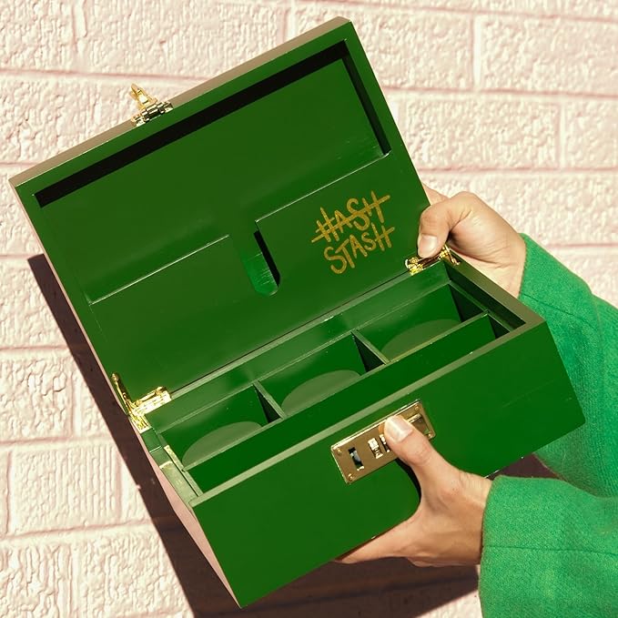 The OG Stash Storage Box - Large Bamboo Box with Combination Lock, Magnetic Lid, Organizer Tray, 3 Jars and Brush - Portable Decorative Wooden Lock Kit with Accessories (Green/Gold)