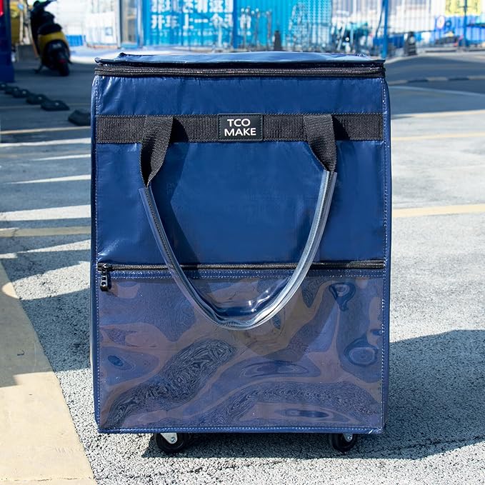 Reusable Grocery Bag on Wheels, (Medium, DK Blue) Rolling Shopping Bags with Wheels and Handle, Folding Rolling Tote Trolley, 3 Pockets and Zipper Cover, Carries Up to 46 LBS