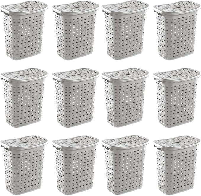 Sterilite Plastic Wicker Style Weave Laundry Hamper, Portable Slim Clothes Storage Basket Bin with Lid and Handles, Cement Gray, 12-Pack